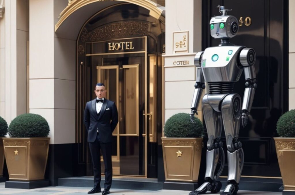 Doorman and android outside hotel
