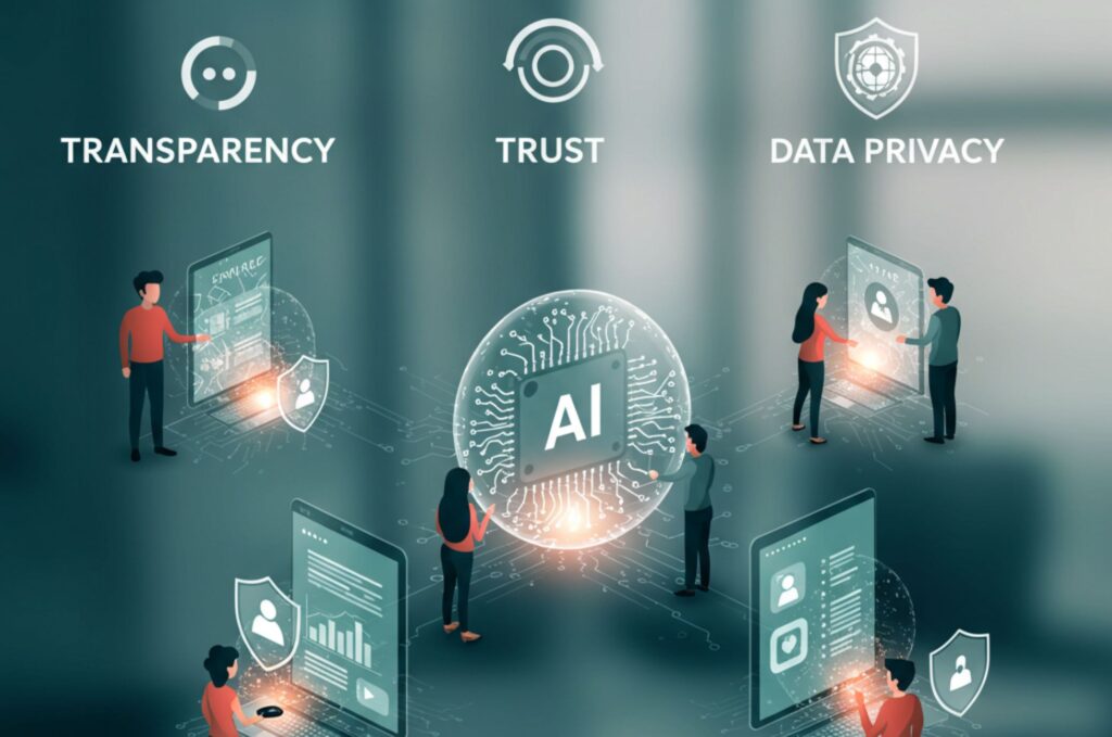 Illustration of people using AI at work