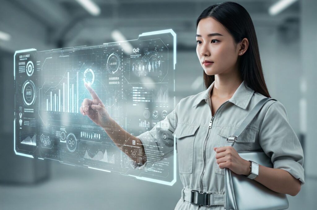 Woman clicking on hologram screen