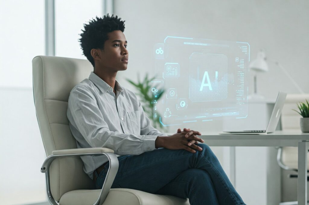 Person sitting in front of a hologram screen