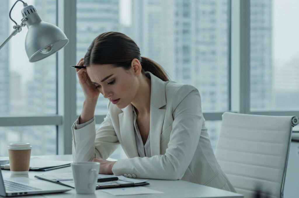 Person in the office looking stressed and struggling to work